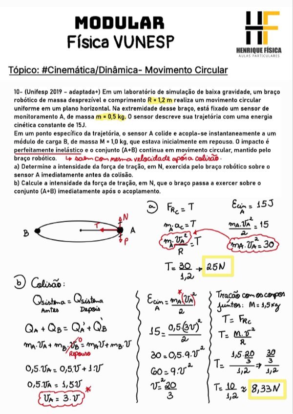 Página com a questão da Unifesp adaptada e a resolução manuscrita completa, com o gabarito destacado